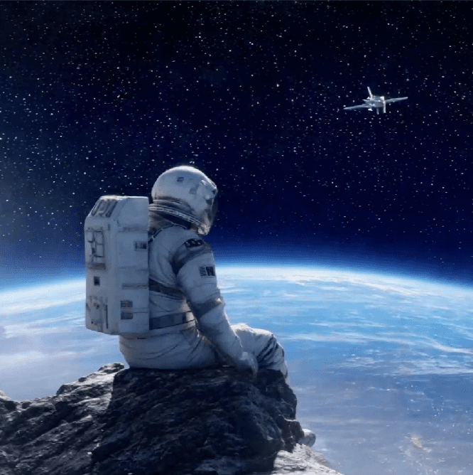 A lone astronaut sitting on a rocky surface, gazing at Earth from space.