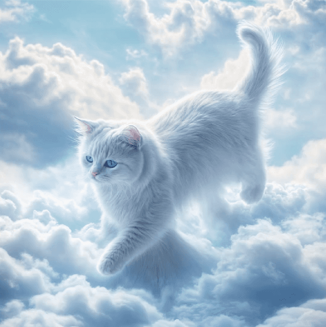 A majestic white cat walking through dreamy, soft clouds in a fantasy sky.